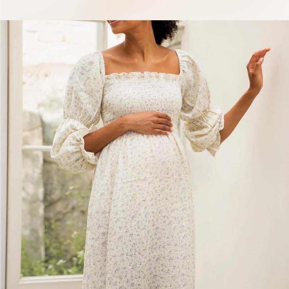 Smocked Square-Neck Midi Dress in Cream Floral